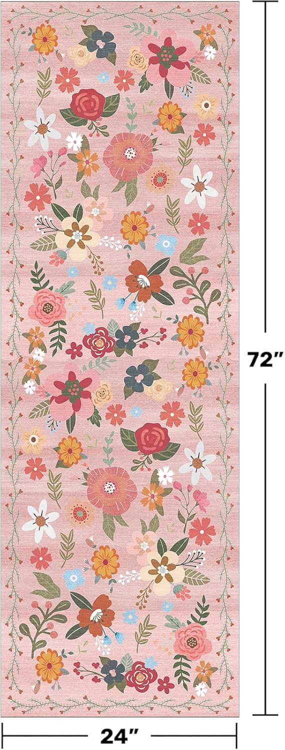2x6 Washable Runner Rug Non-Slip - Floral Kitchen Rugs Stain Resistant Soft Low Pile Floor Runner for Hallway Indoor Entryway Bedroom Laundry Room（Pink，2x6）