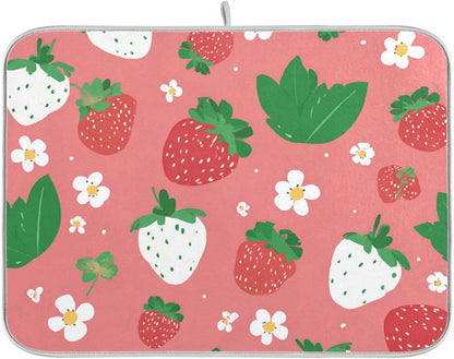Dish Drying Mat 16x18 For Kitchen Counter Cute Strawberry Pink Green Absorbent Dishes Drainer Rack Mats Microfiber Reversible Dish Drying Pad Fast Dry Kitchen Accessories