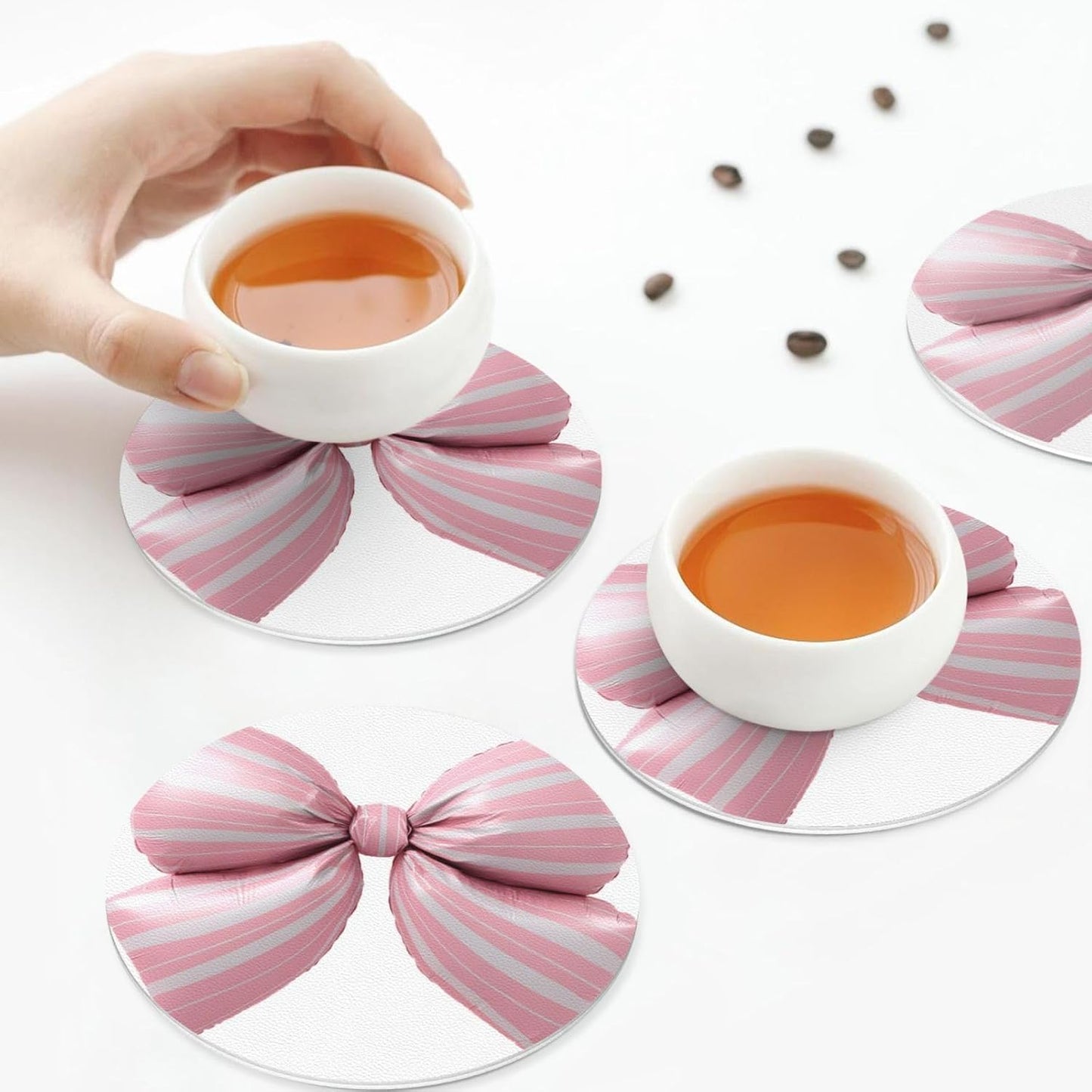 Light Pink Bow Balloon Candy Stripe Pattern Drinks Coasters Set of 4 Leather Drink Coasters for Tabletop Protection Heat Resistant Bar Cup Mat Pad