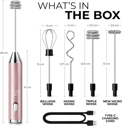 Zulay Kitchen Rechargeable Milk Frother Handheld - Frother Wand, Drink Mixer, Electric Whisk Frother, for Cappuccinos, Matcha & Protein Powder - Ultra Metal 3 Whisk, 1800mAh Pink