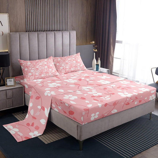 Peach Blossom Bedding Set King Size,Pink White Floral Bed Sheet 4Pcs,Romantic Exotic Flat Sheet + Fitted Sheet for Kids Girls Woman Adult Room Decor,Soft Sweet Modern Bottom Sheet,2 Pillowcases
