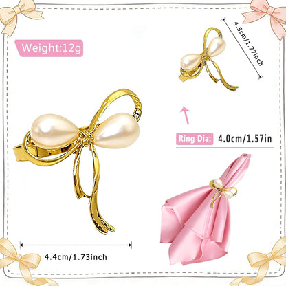 Bow Napkin Rings Set of 6 Pearl & Crystal Rhinestone Butterfly Knot Napkin Holder for Wedding Brithday Party Decor,Elegant Bow Tie Table Setting for Holiday Gatherings & Family Dining Daily