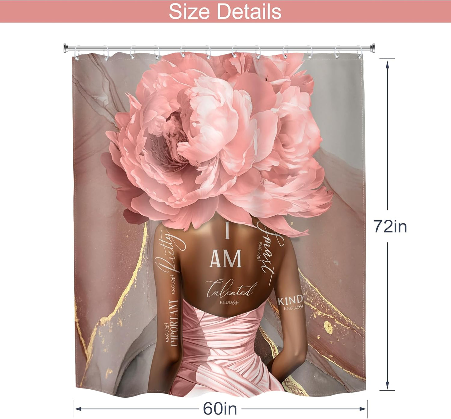 MESHELLY Pink Black Girl Shower Curtain 60Wx72H Abstract Marble African American Floral Flower for Bathroom Positive Quotes Bath Curtain Black Women Bathroom Decor Fabric with 12 Hooks