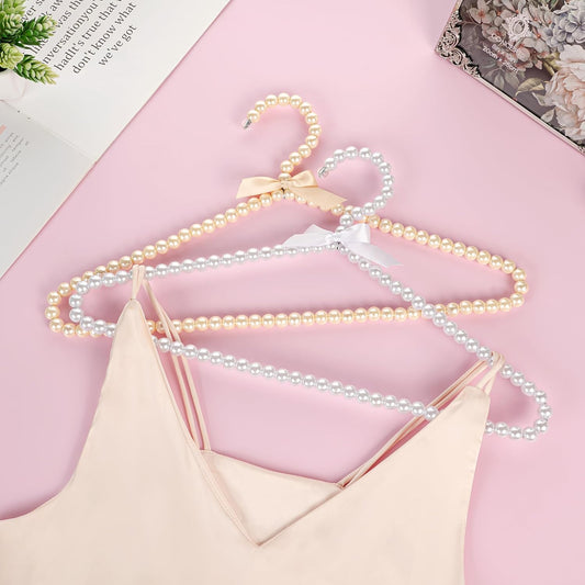 Concepts Premium Heavy Duty Pearl Hangers with Pink Ribbon Trim for Wedding and Engagement Gowns - Slim Design Also Can Be Used for Suits and Shirts (White Pearl, 8 Pack)