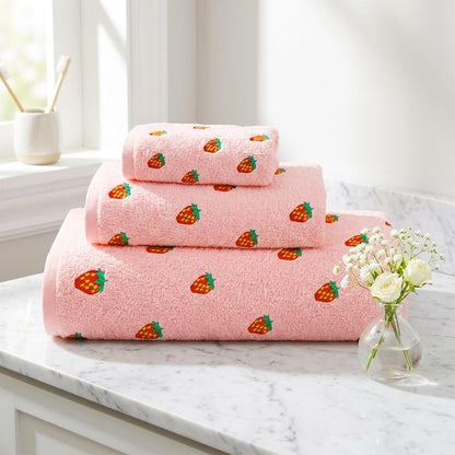FYSUIMU Strawberry Bathroom Towels Set of 3 Pink Red Strawberry Fruit Embroidered Cotton Bath Towel Hand Towel Wash Cloth for Holiday Hand Drying Shower Supplies