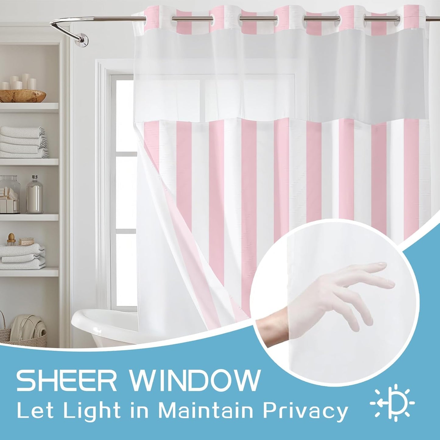 LB No Hook Shower Curtain with Snap in Liner Pink and White Striped Shower Curtain for Bathroom Vertical Stripe Geometric Bathroom Curtains Shower Set, 72x74 inches Shower Curtains and Liner Set