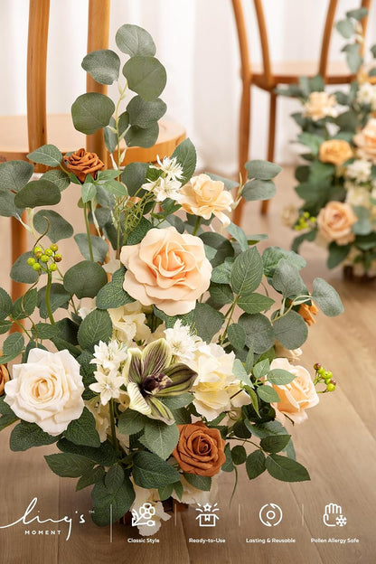 Ling's moment 17.5" Tall Standing Artificial Flowers Arrangements 2 pcs Wedding Aisle Runner Chair Decorations Apricot & Soft Peach Centerpieces for Ceremony Reception Rose Floral Party Outdoor