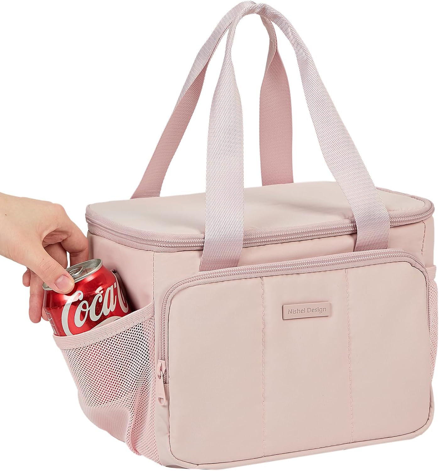 NISHEL Lunch Bag for Women, Insulated Leakproof Cooler Case with Detachable Shoulder Strap & Multiple Pocket, Easy-Clean PEVA Lining, Puffy Design for Work，Medium Size, Pink