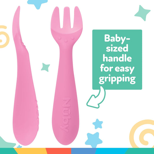 Nuby Silicone Easy Grip Fork & Spoon Set, 12+m in Pink