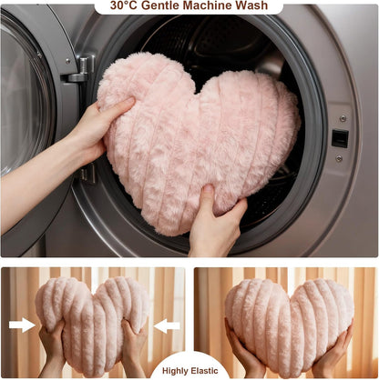 2PCS Pink Heart Throw Pillows, 16 Inch Soft Fuzzy Faux Fur Heart-Shaped Pillows, Cute Decorative Cushions for Couch, Chair, Bed & Bedroom Decor (Pink, 16 * 14)