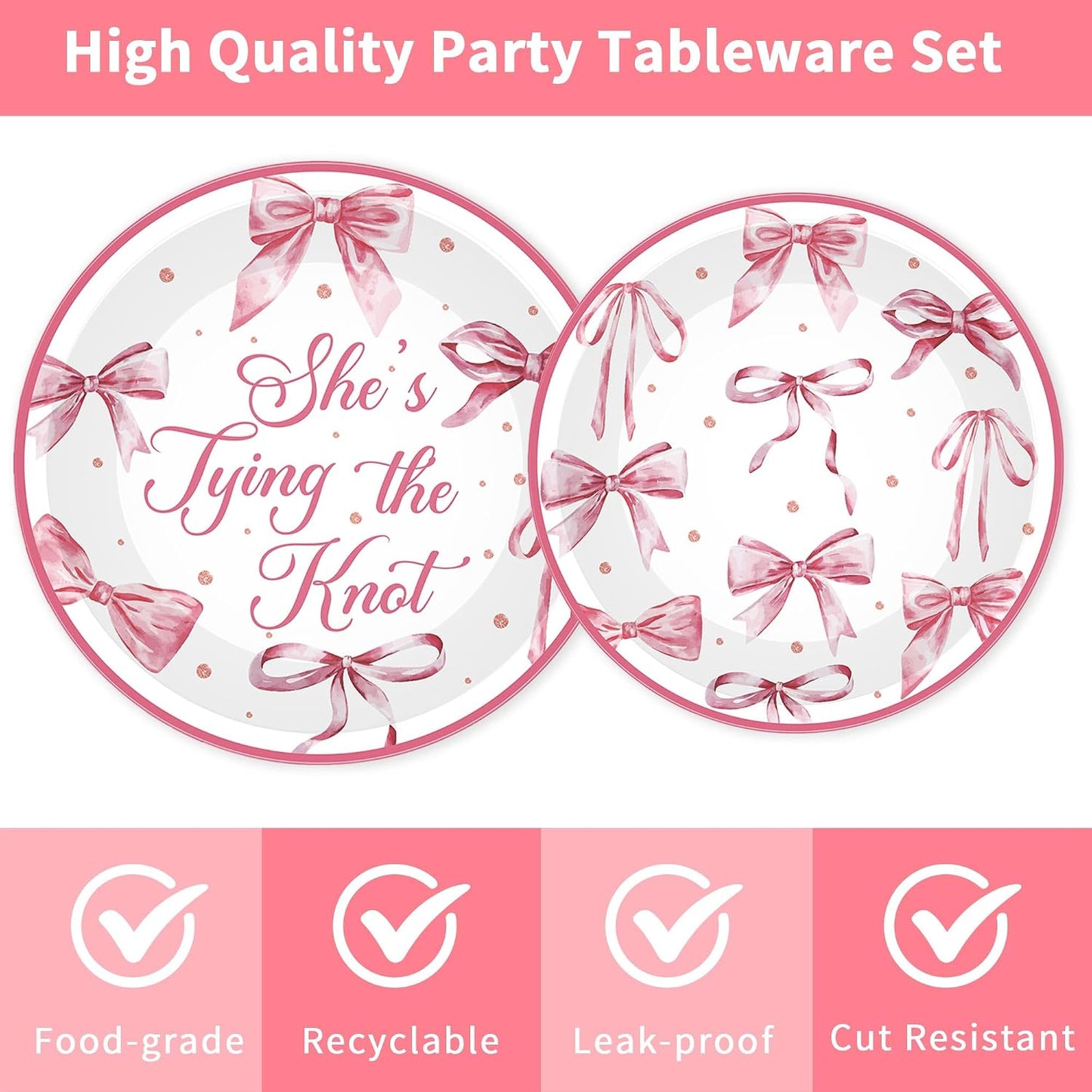96 Pcs Shes Tying the Knot Bridal Shower Decorations, Pink Bow Themed Tableware Set with Plates Napkins Forks for 24 Guests, Bride to Be Bachelorette Party Supplies