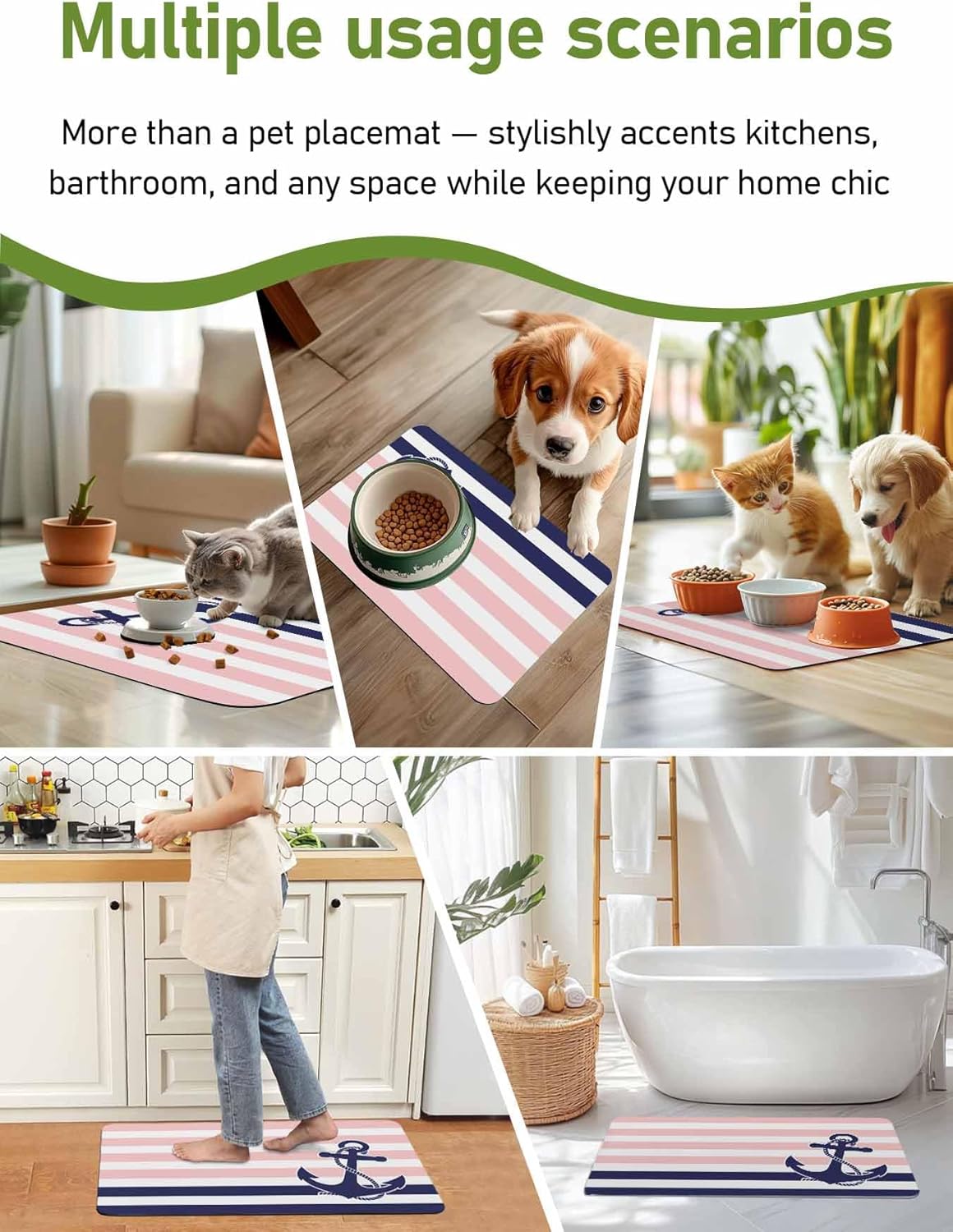 Anchor Pink Doormat Bath Mat Quick Dry Non Slip Rug with Rubber Modern Navy Blue White Striped Nautical Water Absorbing Mat for Bathroom Kitchen Front Door Laundry Room 30" x 18"