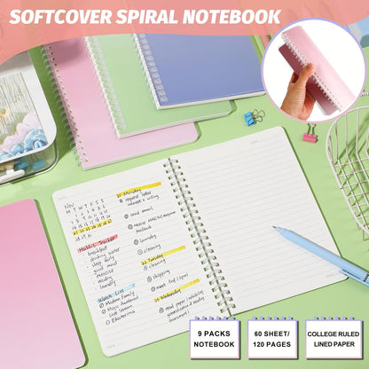 9 Pcs Spiral Notebooks, 3 Gradient Colors (Pink/Green/Blue), A5 7mm College Ruled 120 Pages Journals for School Work Travel, Durable PP Cover with Soft Silicone Coil & Rounded Edges