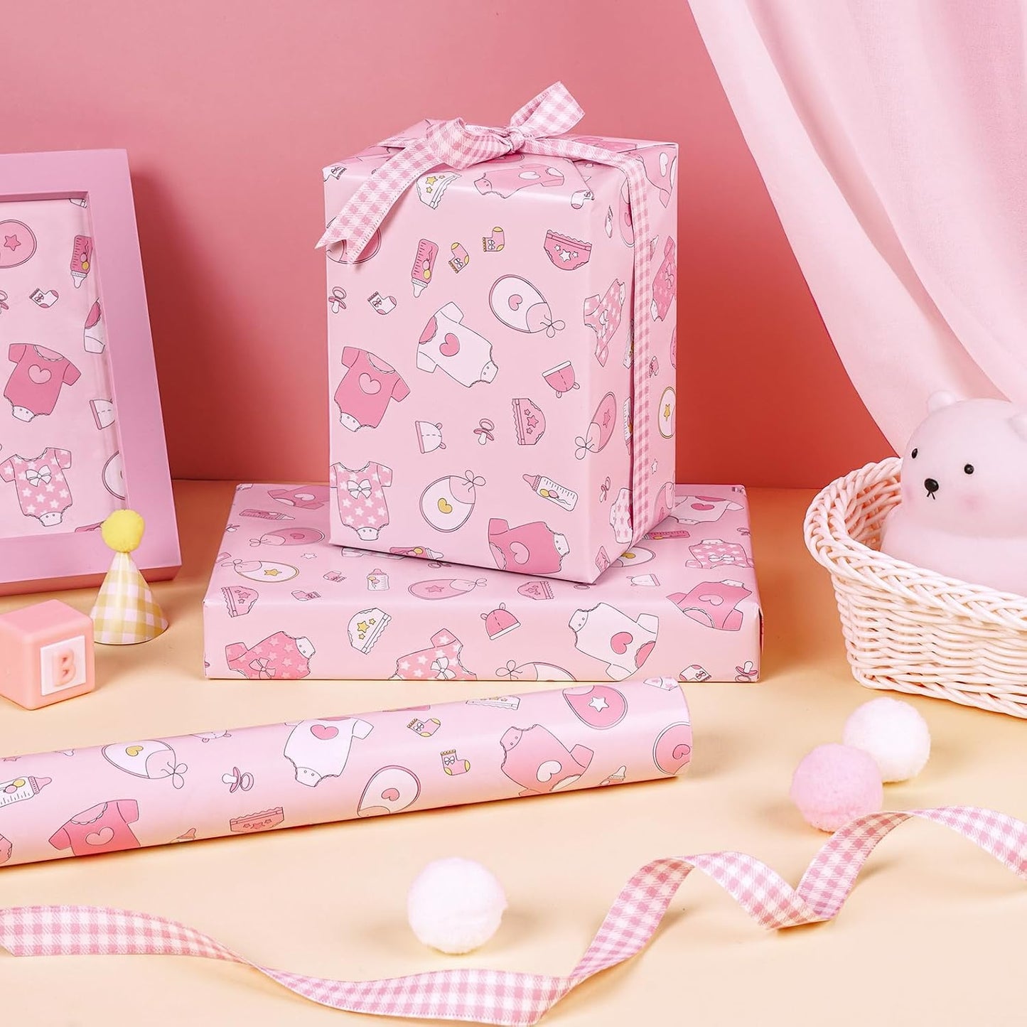 WRAPAHOLIC Pink Baby Shower Wrapping Paper - Mini Roll - 17 Inch x 16.5 Feet - Baby Girl Pink Wrapping Paper with Snapsuit and Bottle Design for Gender Reveal Party, Girls Birthday