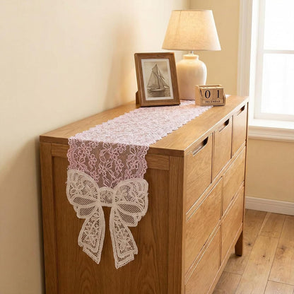 Pink Lace Table Runner with Big Bow Ends, Rectangle Cute Doily Table Runner Embroidered Pink Lace Tablecloth French Style Bow Tablecloth for Wedding Home Party Decor