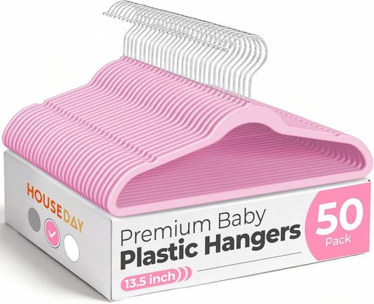 HOUSE DAY 13.5 Inch Kids Hangers 50 Pack - Premium ABS Plastic Clothes Hangers for Kids, Children, Preteens - Space Saving Thin Profile, Strong & Durable Hangers with 360° Swivel Hook - Pink