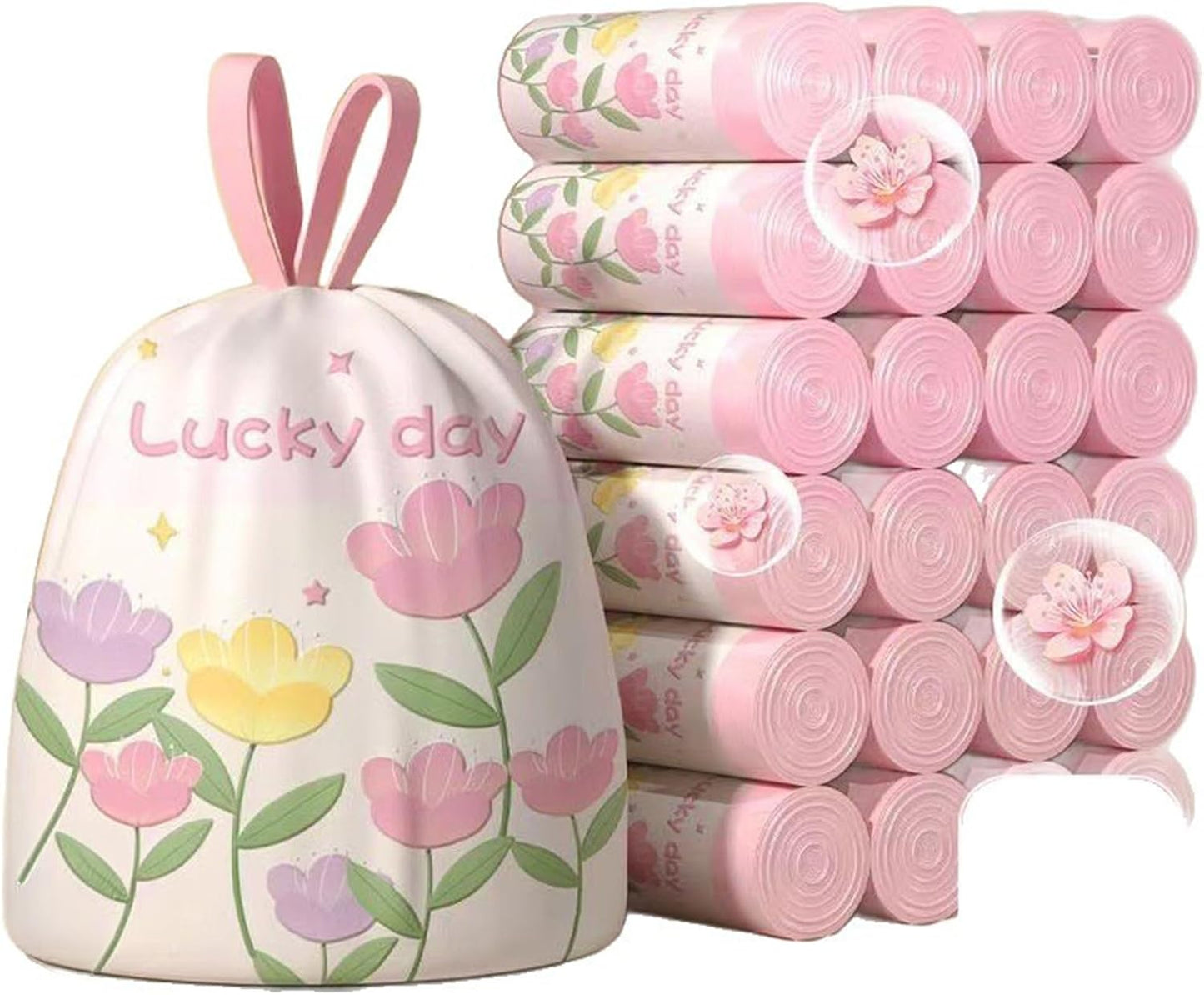 Pink Floral Print Plastic Trash Bags, Strong Drawstring Garbage Bags for Kitchen & Household