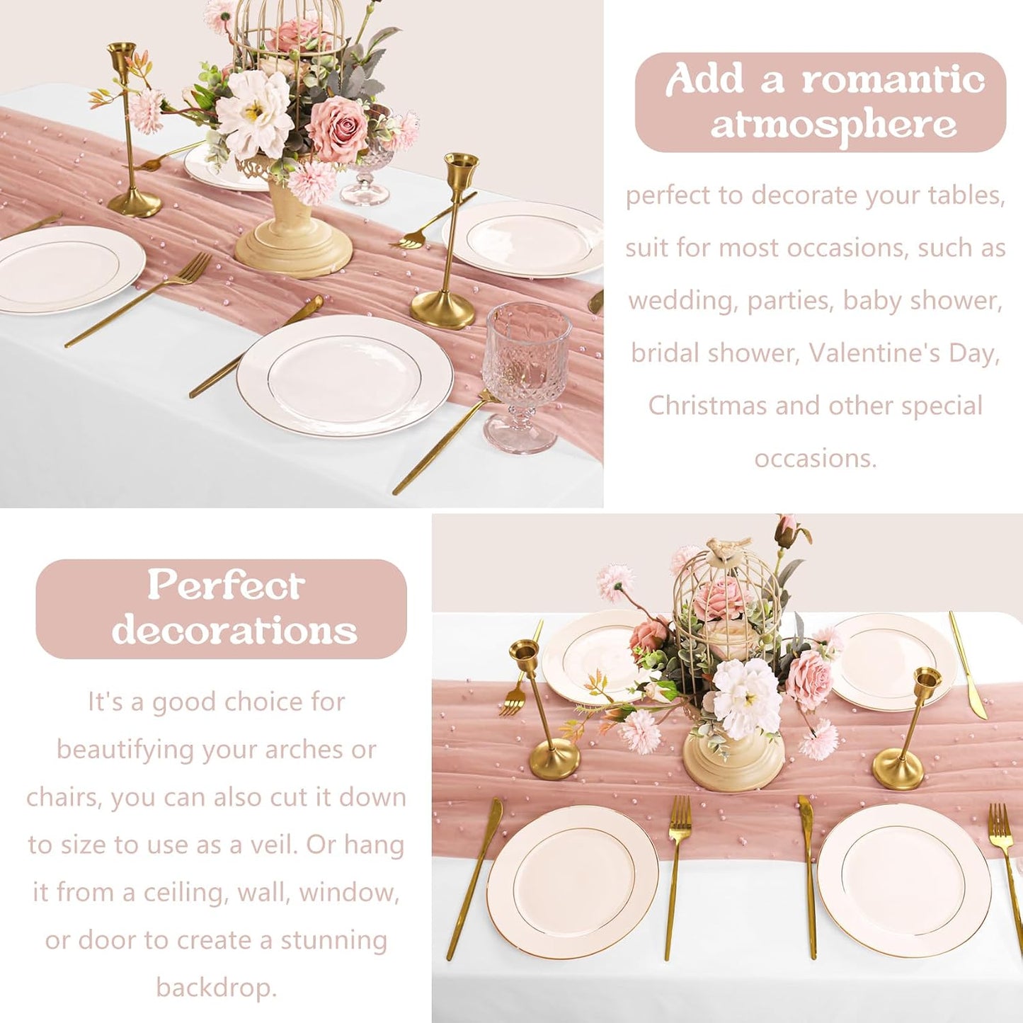 12 Pack 10FT Pearl Table Runner 30x120 Inch Dusty Pink Tulle Fabric Boho Rustic Sheer Table Runners Lace Table Cloth for Wedding Bridal Shower Birthday Party Arch Veil Dessert Table Decor (Dusty Pink)