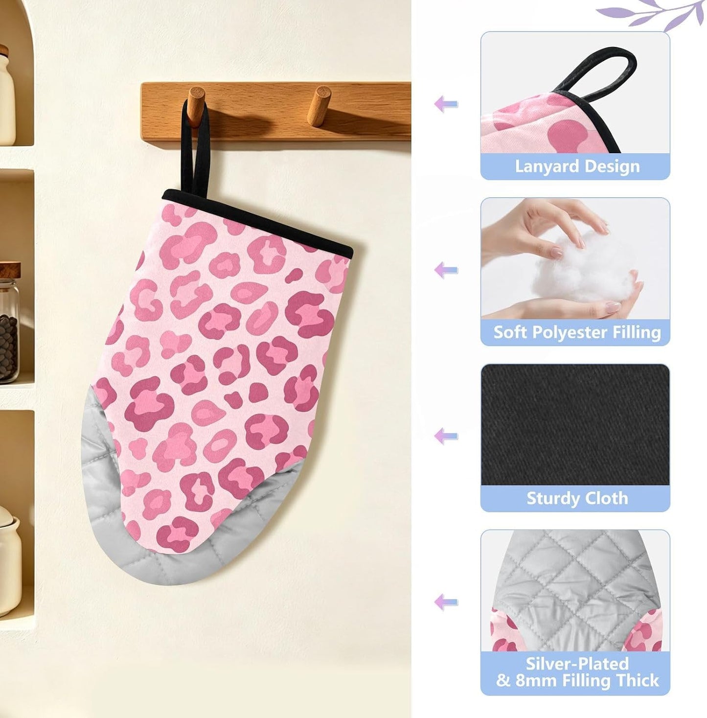 Oven Mitt 2 Pack Set Cute Pink Leopard Print Kitchen Mitts Gloves for for Cooking Baking Grilling