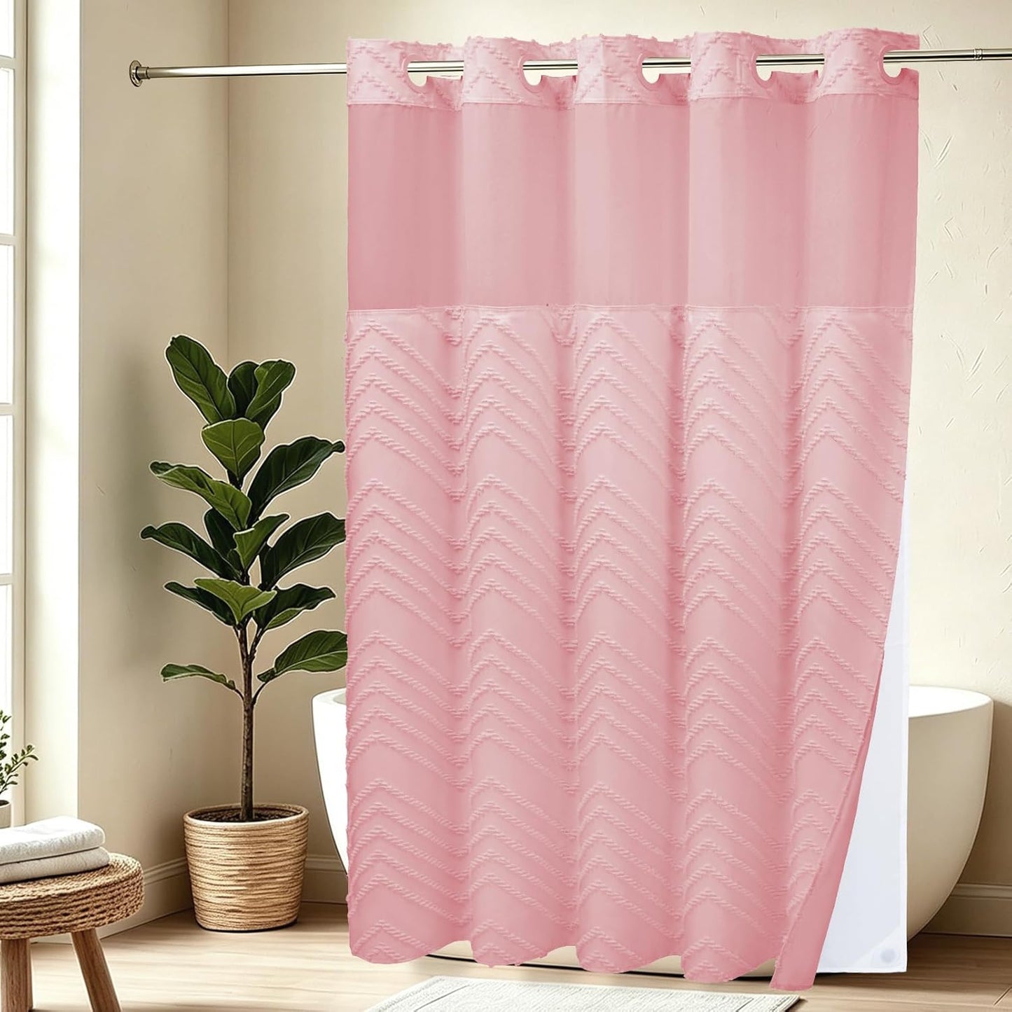 WONICY No Hook Shower Curtain with Snap in Liner, Tufted Chevron Striped Shower Curtain Set for Bathroom, Boho Waterproof and Washable Shower Curtains, 71Wx74H, Pink