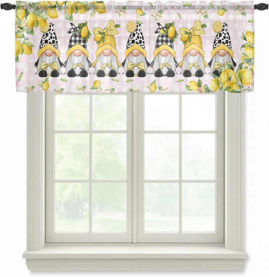Lemon Gnomes Sheer Curtains Valances for Windows Summer Fruits Botanical Pink Plaid Chiffon Kitchen Valances for Cafe, Rod Pocket Voile Window Treatments Curtains for Living Room Bedroom, 54"x18"