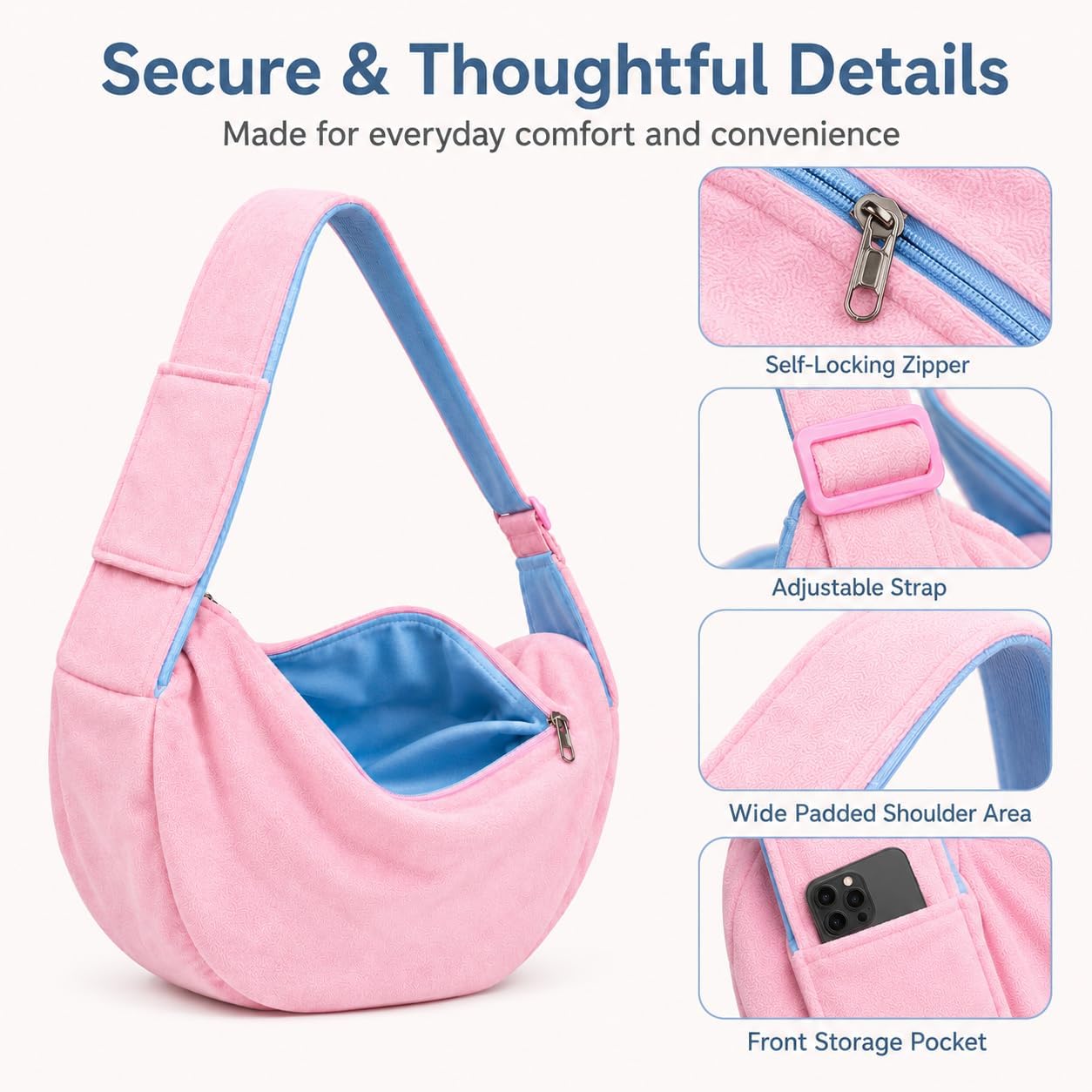 Cat Sling Carrier for Cats and Kittens, Soft Fleece Pet Sling Carrier Bag with Adjustable Shoulder Strap, Hands-Free Puppy and Small Dog Carrier Sling Travel Pouch for Small Pets Under 10 lbs, Pink