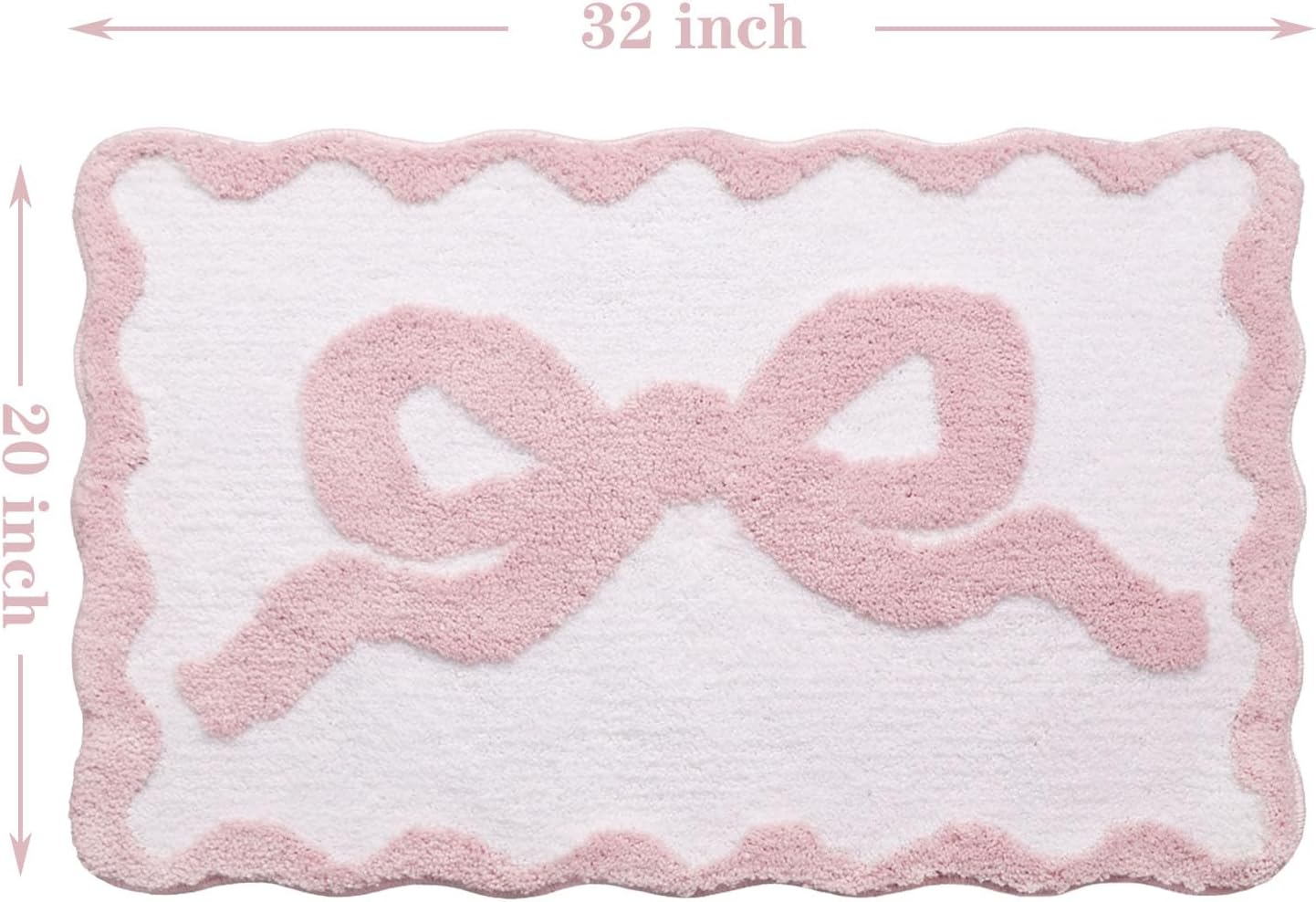 Pink Bow Bath Mat for Bathroom 20"x32", Cute Preppy Rugs with Scalloped Edges, Soft Microfiber, Ultra Absorbent, Non-Slip, Aesthetic Coquette Room Decor for Vanity, Shower, Bedroom, Sink Area