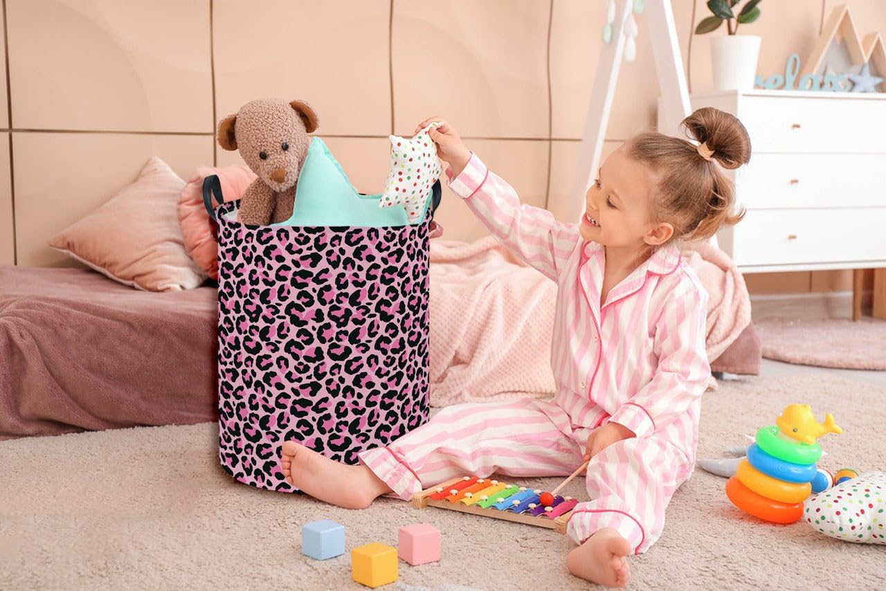 ESSME Laundry Basket,Pink Hamper Collapsible Canvas Waterproof Storage Bin for Girls, Leopard Print Hamper,Gift Baskets(Pink leopard print)