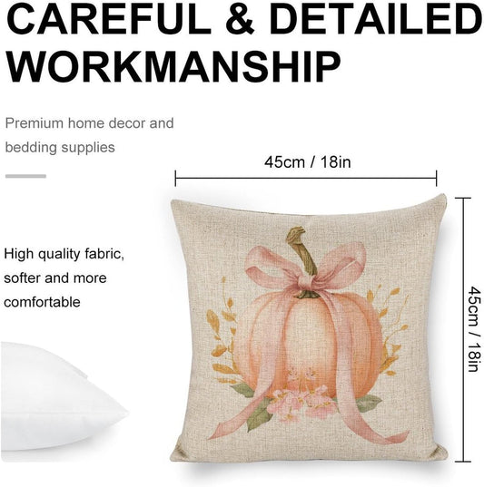 Pastel Peach Pumpkin Large Pink Bow Pillow Covers 18x18 Set of 2, Throw Pillows Covers Linen Cushion Case for Couch Sofa Farmhouse Decor
