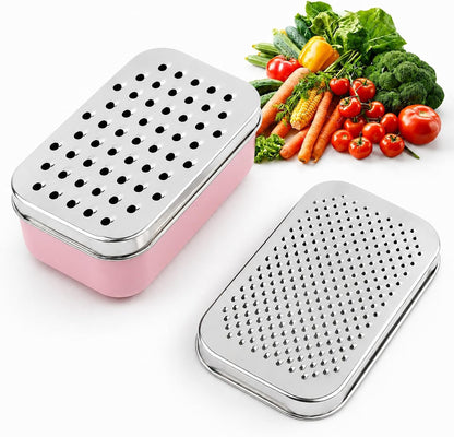 Cheese Grater with Storage Container, Box Grater Stainless Steel for Vegetables, Cheese Shredder 2 Sharp Blades for Fine & Coarse, Non-Slip Base, Lemon Zester, Includes Cleaning Brush (Pink)