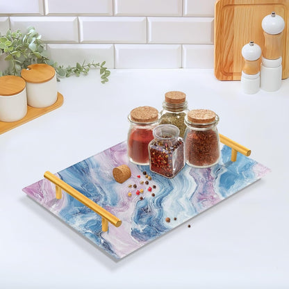 Blush and Light Blue Marble Texture Decorative Rectangle Tray with Handles Modern Serving Tray for Jewelry Perfume for Platters Serving bandejas para desayuno personalizado