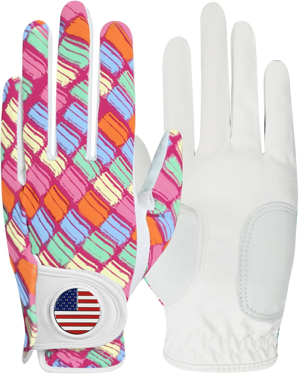 Amy Sport Womens Golf Glove with Ball Marker Rain Left Right Hand Leather Printed Pack, Ladies Golf Gloves All Weather Grip Breathable Soft Size Small Medium Large XL