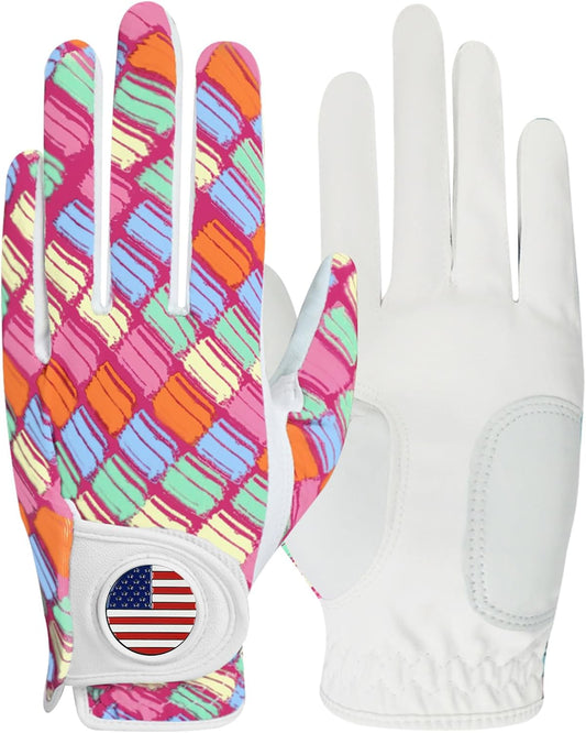 Amy Sport Womens Golf Glove with Ball Marker Rain Left Right Hand Leather Printed Pack, Ladies Golf Gloves All Weather Grip Breathable Soft Size Small Medium Large XL