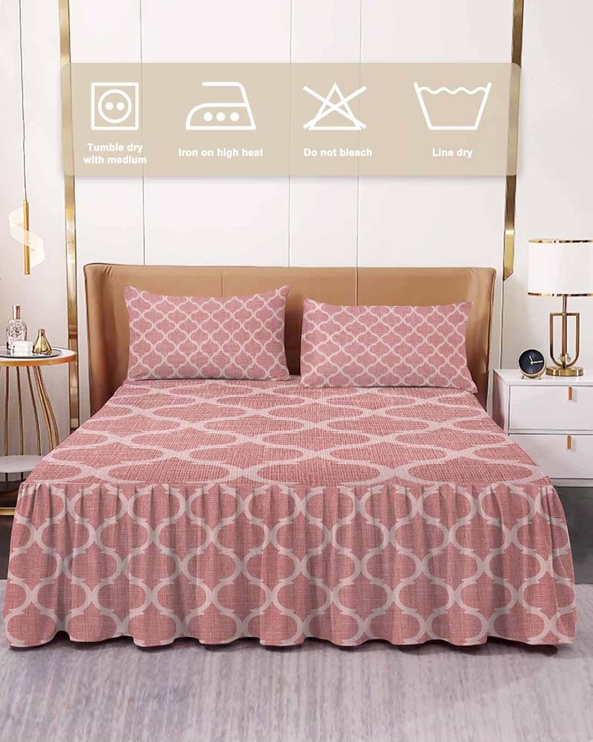 Bed Skirt for Twin Size Bed 18 Inches Drop Moroccan Texture Ruffled Bedding Sheet Sets Soft Bedspread Retro Peach Pink Linen Wrap Around Bed Skirt Sheet Set with 2 Pillowcases for Bedroom 39x75 Inch