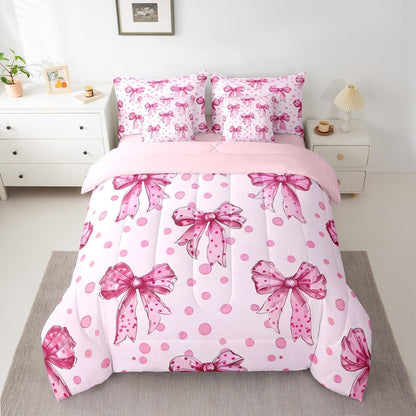 Erosebridal Pink Princess Bow Twin Comforter Set with Sheets 7 Piece Cute Coquette Bowknot Bed in A Bag Kawaii Ribbon Bow Bedding Sets for Kids Adults,Pink Watercolor Polka Dot Bed Set