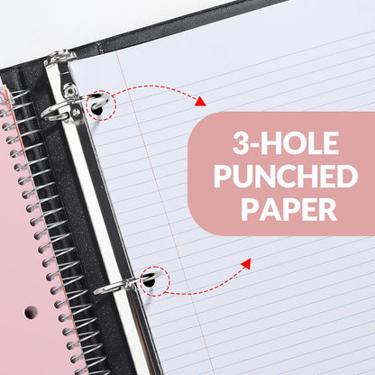 SUNEE 5 Subject Notebook College Ruled - 400 Pages, 9"x11", 5 Pocket Colored Dividers, 3-Hole Punched Paper, Pink