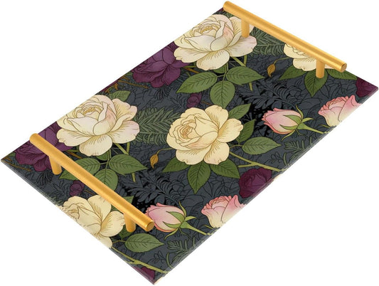 Elegant Blush Pink Purple Vintage Floral Rose Decorative Kitchen Trays with Handles Trays for Food for Jewelry Perfume for Drink Serving bandejas decorativas para Cafe