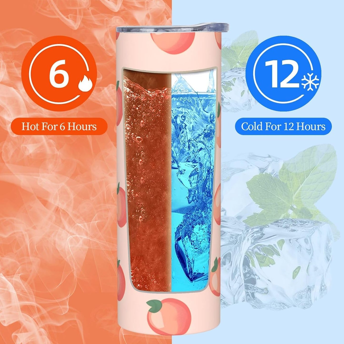 20oz Stainless Steel Tumbler with Lid & Straw, Pink Peach Pattern Insulated Coffee Travel Mug for Men Women, Straight Tumbler Cup for Hot & Cold, Reusable Tumbler for Home Office Car
