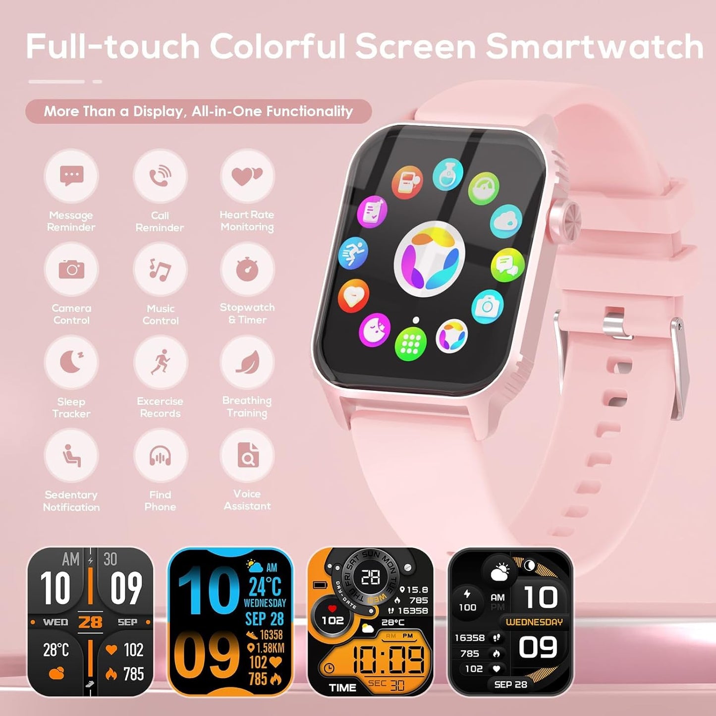 TRAUSI 120+ Sports Modes Smartwatch for Women with Sleep Monitor, IP7 Waterproof, Music Control Watch for iPhone Pink