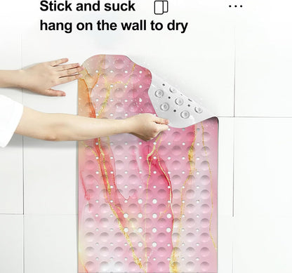 LNOND Marble Bath Tub Mat Non Slip, Extra Long 40 X 16 Inch Anti Slip Mat for Bathtub, Pink Gold Marble Shower Mat with Drain Holes and Suction Cups, Machine Washable