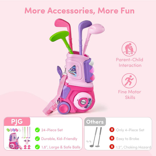 PJG Toddler Golf Set, Plastic Kids Golf Clubs Ages 1 2 3 4 Years Old with 4 Golf Clubs and 10 Balls, Indoor and Outdoor Golf Toys with Cart for Toddlers Boys and Girls Birthday Gift (Pink)