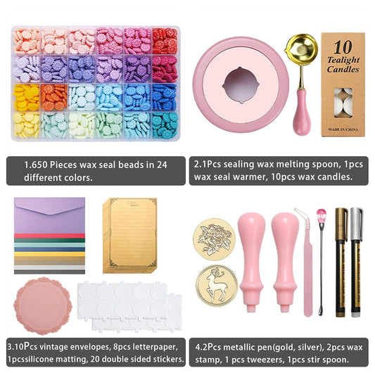 Wax Seal Stamp Kit, 24 Colors and 600 Pcs Beads with Gift Box, Sealing Wax Warmer, Stamp, Spoon and Metallic Pen, for Spring Gift and Decoration (Pink Series)