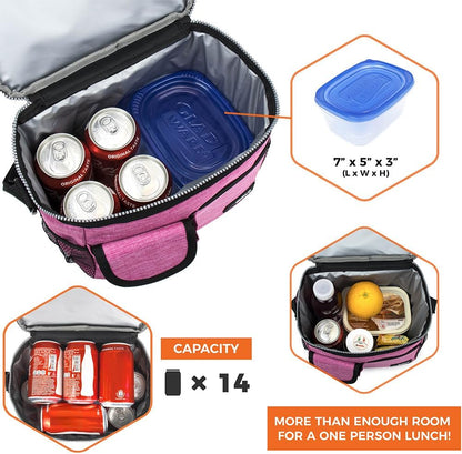 opux Insulated Lunch Box for Men Women Kids, Leakproof Reusable Lunch Bag Cooler for Work School Office, Soft Thermal Lunchbox Tote with Shoulder Strap for Boys Girls Adults, Heather Pink, 14 Can/8L