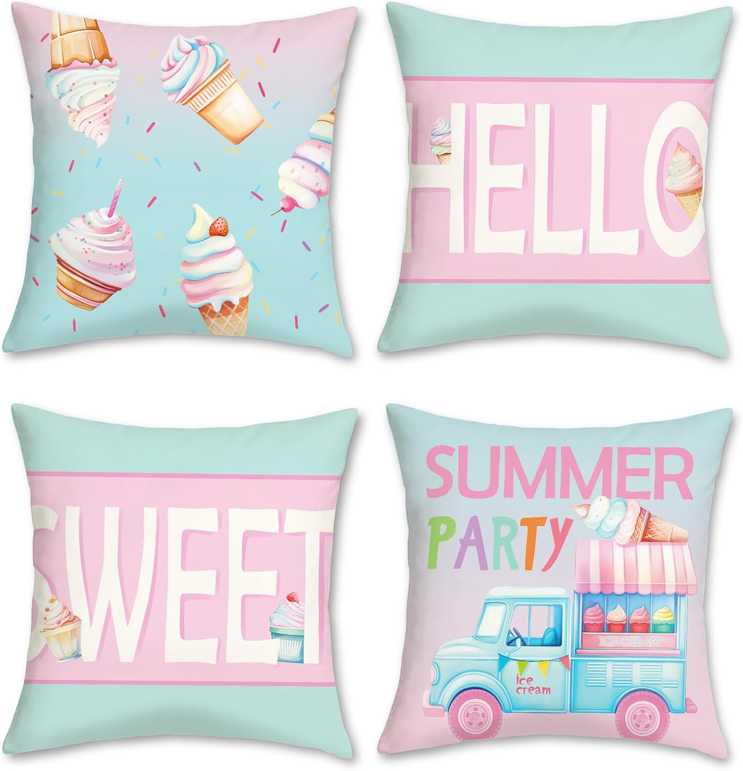 Hello Summer Throw Pillow Covers, Ice Cream Truck Popsicle Pink Blue Teal Sweet Decorative Pillowcases for Sofa Bed Home Patio Set of 4, 18 x 18 Inches