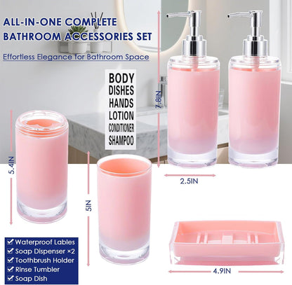 Pink Bathroom Accessories Set 6 Pieces Acrylic, Include Soap Dispenser, Toothbrush Holder, Tumbler, Soap Dish, Lables, Bathroom Countertop Set, Cute Bathroom Sink Decor