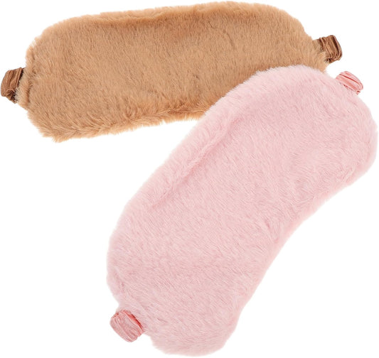 Didiseaon 2pcs Plush Furry Eye Mask for Sleeping Soft Faux Fur Light Blocking Eye Covers for Travel Nap and Sleepover Cute Cartoon Design Pink Brown