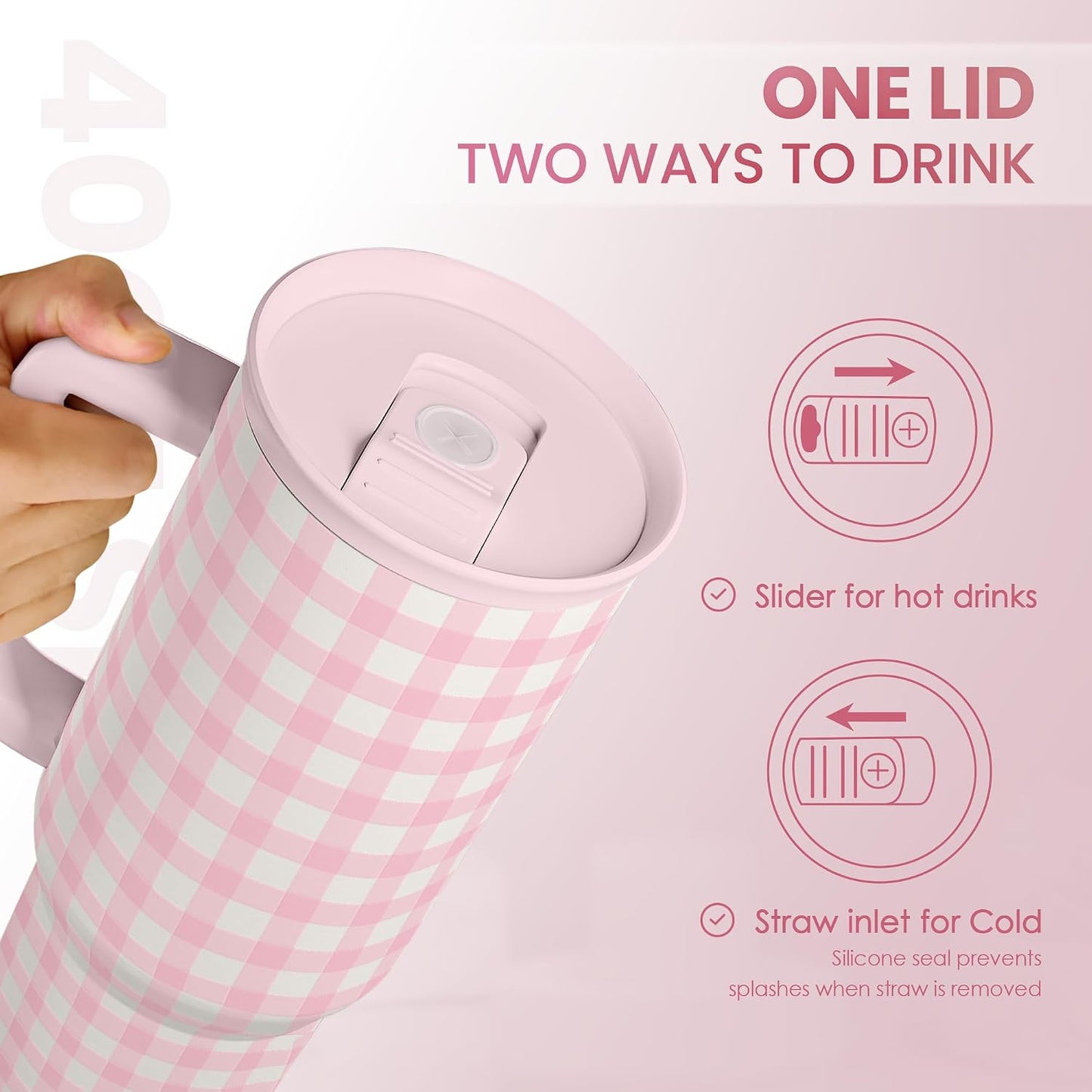 SANDJEST Pink Gingham 40oz Slider Tumbler with Handle and Straw - Insulated Stainless Steel Travel Coffee Mug for Women Girls, Gift for Birthday, Christmas