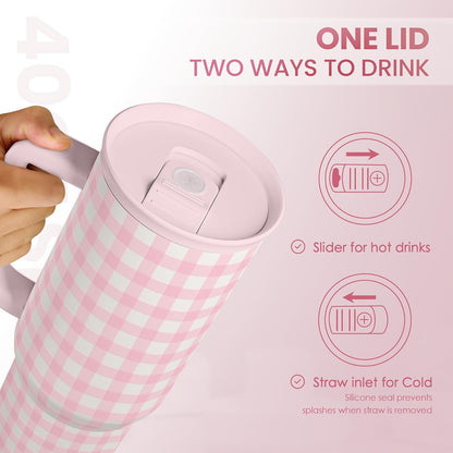 SANDJEST Pink Gingham 40oz Slider Tumbler with Handle and Straw - Insulated Stainless Steel Travel Coffee Mug for Women Girls, Gift for Birthday, Christmas