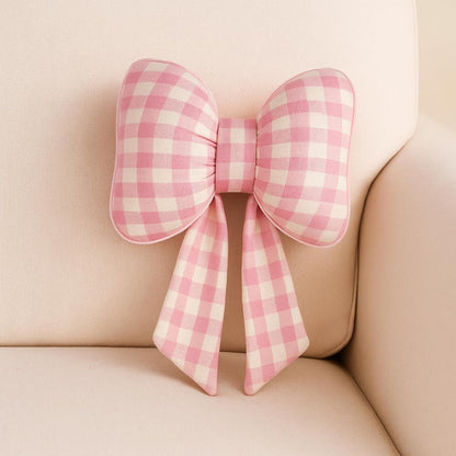 Kathfly Pink Bow Pillow Soft Bow Shaped Checkered Throw Pillows Decorative Cute Canvas Cushion Aesthetic Home Decor for Room Bed Couch Sofa (11 x 8.7 Inches)