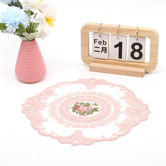 4 Pack Lace Placemats, 11 Inch Round Vintage Doilies, Pink Handmade Crochet Embroidery Table Mats for Dining Table, French Retro Home Decor, Wedding & Party
